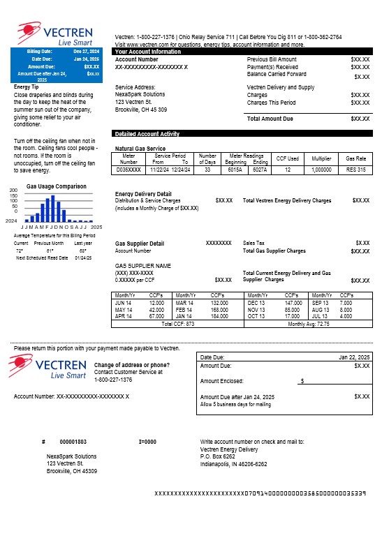 USA Ohio Vectren Energy business utility bill template in Word and PDF formats